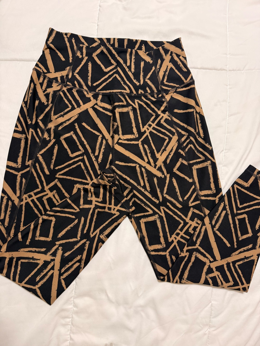 Women's Black Leggings with Tan Geometric Print